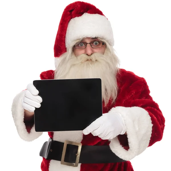 Portrait Happy Saint Nick Presenting Blank Pad Screen While Standing — Stock Photo, Image