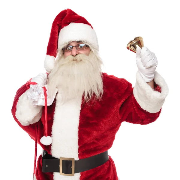 Portrait Old Merry Santa Holding Gifts Bag Ringing Bell While — Stock Photo, Image