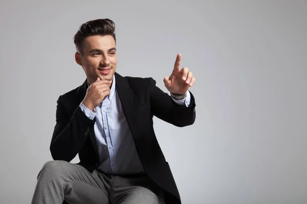 Portrait Pensive Smart Casual Man Making Finger Gesture While Sitting — Stock Photo, Image