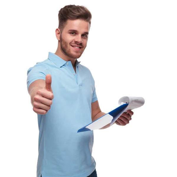 Casual Man Wearing Polo Shirt Checks Files Makes Sign While — Stock Photo, Image
