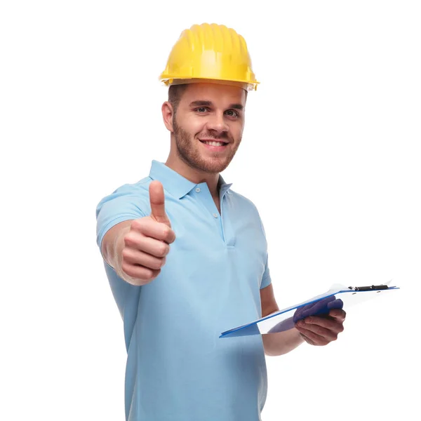 Handsome Engineer Student Makes Thumbs Sign While Holding Blue Files — Stock Photo, Image