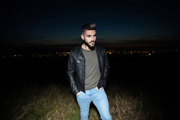 Portrait Relaxed Young Casual Man Beard Stepping Field Thee Night — Stock Photo, Image