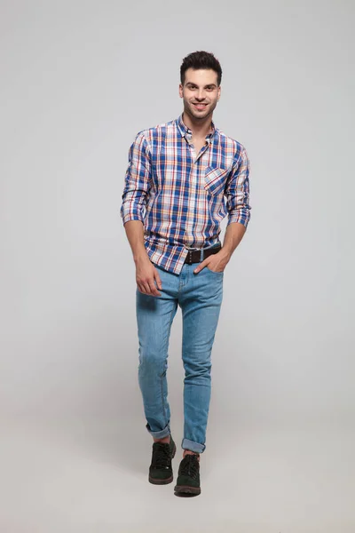 Relaxed Casual Man Wearing Shirt Checkers Stepping Forward Light Grey — Stock Photo, Image