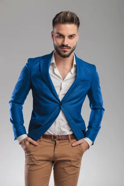 Portrait Relaxed Smart Casual Man Wearing Blue Suit Standing Light — Stock Photo, Image