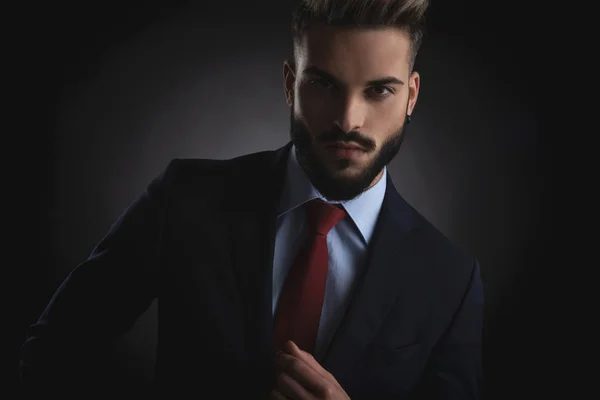 Portrait Seductive Young Businessman Wearing Navy Suit Red Tie While — Stock Photo, Image