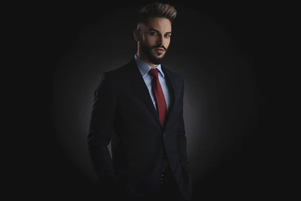 Portrait Relaxed Smart Casual Man Standing Black Background Parted Lips — Stock Photo, Image