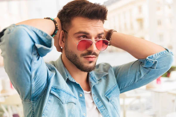 Portrait Curious Casual Man Holding Hands Back While Relaxing City — Stock Photo, Image