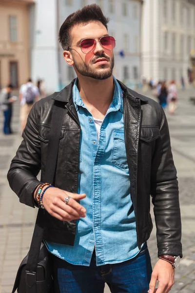 Portrait Curious Casual Man Wearing Red Sunglasses Leather Jacket Looking — Stock Photo, Image