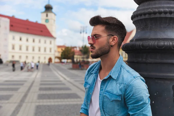 Side View Sexy Casual Man Wearing Denim Shirt Red Sunglasses — Stock Photo, Image
