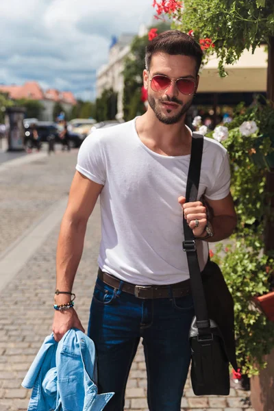 Portrait Attractive Casual Man Holding Shoulder Bag Shirt Standing Street — Stock Photo, Image