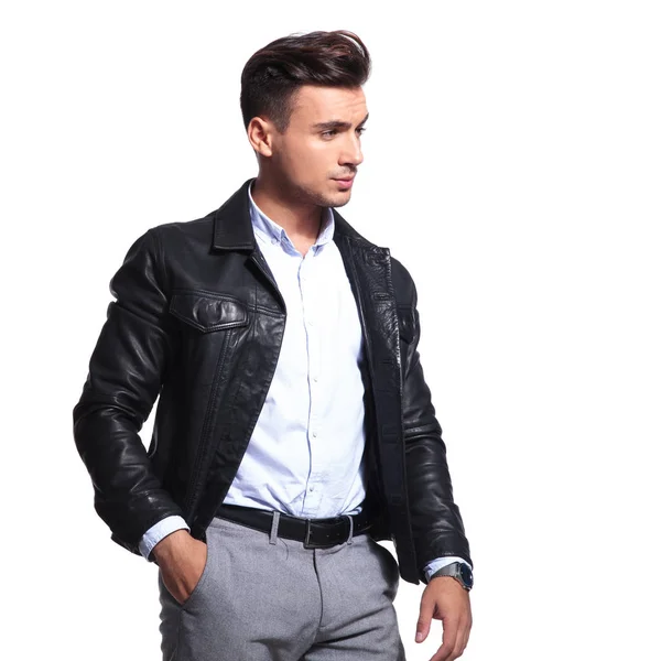 Portrait Curious Businessman Wearing Leather Jacket Standing Hands Pockets Looking — Stock Photo, Image