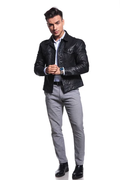 Handsome Businessman Leather Jacket Standing White Background Full Length Picture — Stock Photo, Image