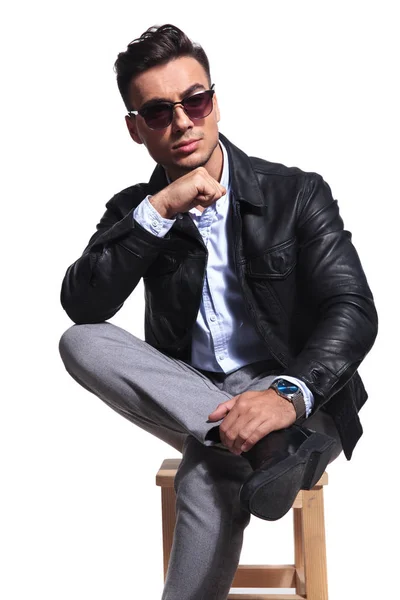 Fashion Man Wearing Sunglasses Sits Cross Legged Wooden Chair White — Stock Photo, Image