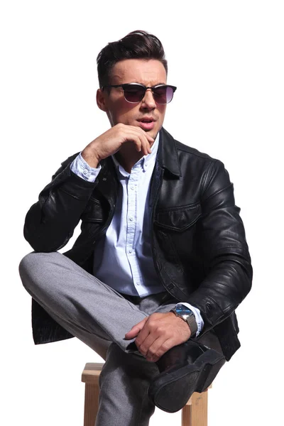 Portrait Pensive Businessman Leather Jacket Looking Side While Sitting White — Stock Photo, Image