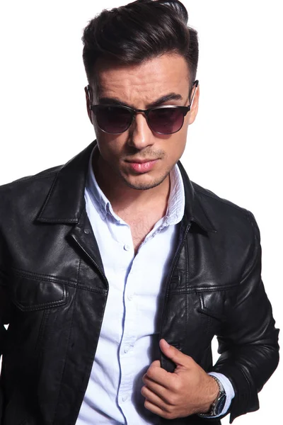 Portrait Fashion Man Leather Jacket Red Sunglasses Standing White Background Stock Photo