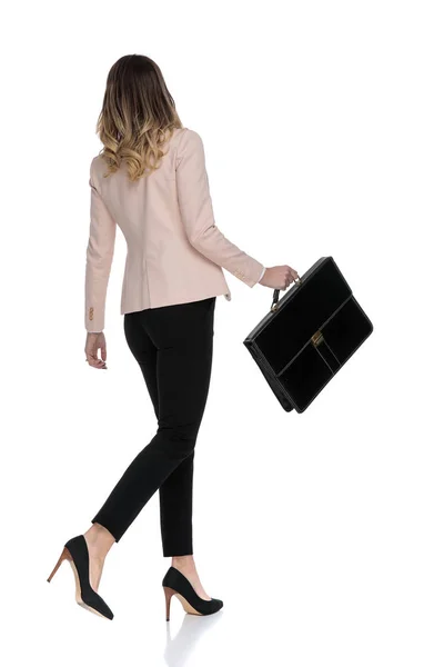 Rear View Attractive Businesswoman Walking Side White Background Holding Suitcase — Stock Photo, Image