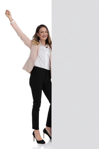 Excited Businesswoman Wearing Pink Suit Celebrating Hand Air While Holding — Stock Photo, Image