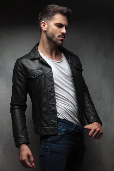 Sexy Man Leather Jacket Showing How Much Weight Lost Pulling — Stock Photo, Image