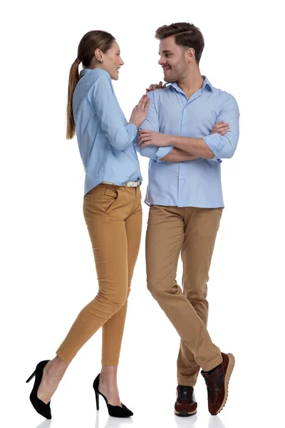 Smiling Woman Leans Man Shoulder Looks Him Standing White Background — Stock Photo, Image