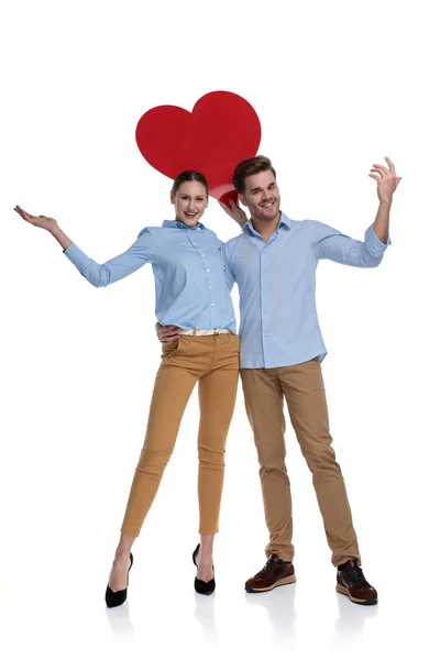 Happy Young Love Casual Couple Welcoming Love White Background — Stock Photo, Image