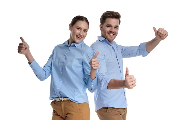 Positive Young Couple Making Thumbs Hand Sign White Background — Stock Photo, Image