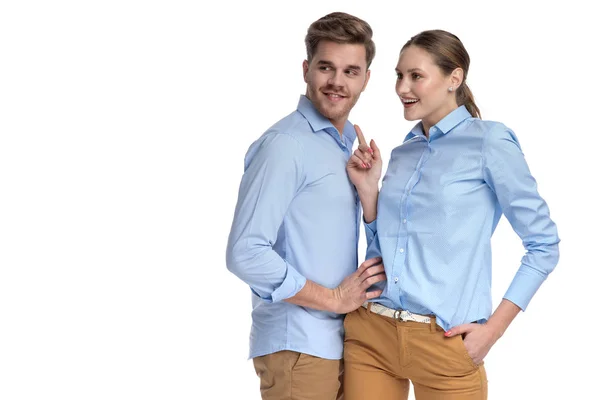 Smiling Woman Pointing Side While Man Holds Her Waist Looks — Stock Photo, Image