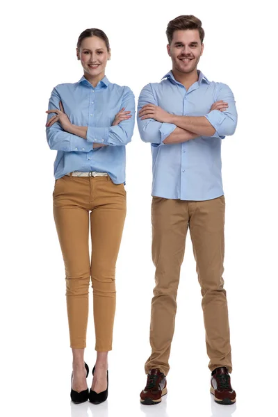 Full Body Picture Confident Casual Couple Holding Hands Crossed White — Stock Photo, Image