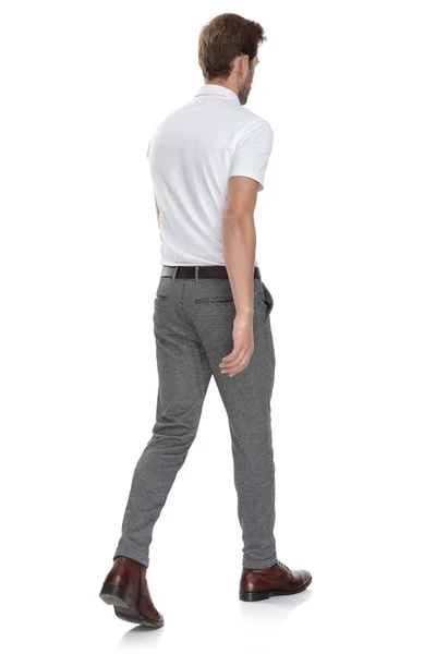 Side Rear View Young Man Polo Shirt Walking Away Camera — Stock Photo, Image