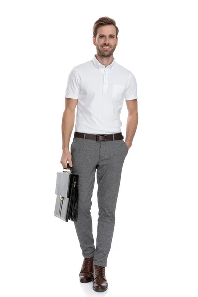 Young Smiling Casual Man Standing Holding His Briefcase White Background — Stock Photo, Image