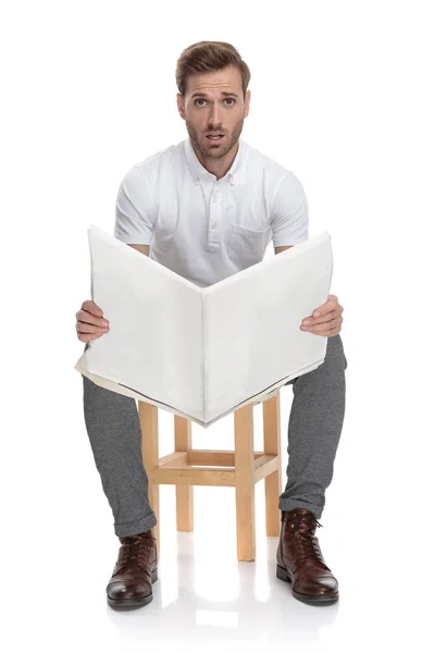 Seated Man Reading Newspaper Shocked News White Background — Stock Photo, Image