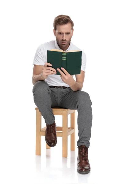 Zittende Man Geschokt Door Het Boek Dat Hij Witte Achtergrond — Stockfoto