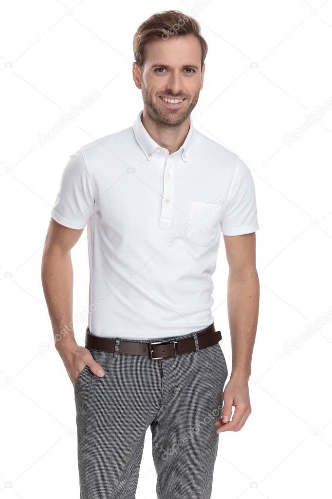 confident smart casual man with hand in pocket standing on white background
