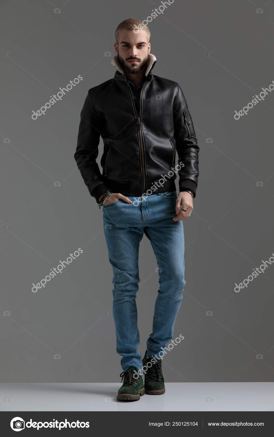 gray jacket blue jeans