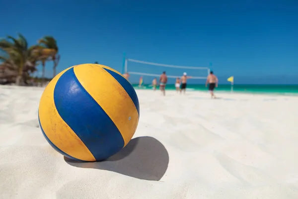 closeup of a volley ball with people in the backgrund