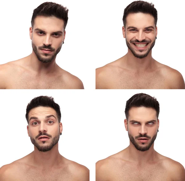 Kollázs kép egy csinos ember, hogy a különböző arcok — Stock Fotó