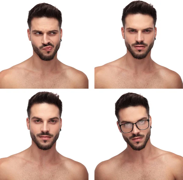 Collage afbeelding van een aantrekkelijke man die verschillende gezichten maakt — Stockfoto