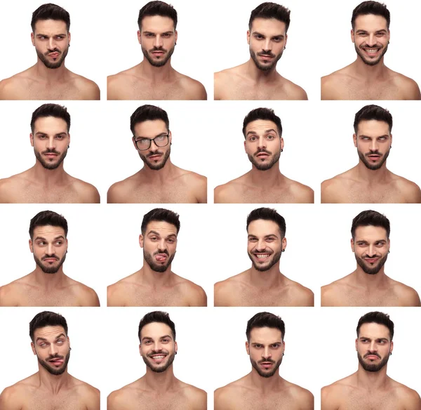 Collage image of a naked guy making different faces — Stock Photo, Image