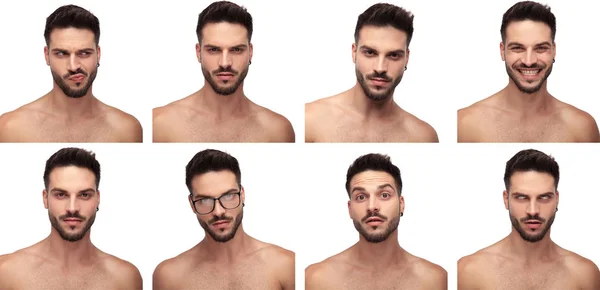 Farklı yüzler yapan üstsüz bir adamın kolaj görüntüsü — Stok fotoğraf