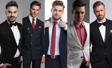 Beş çekici genç erkek takım elbise giyen resim montajı
