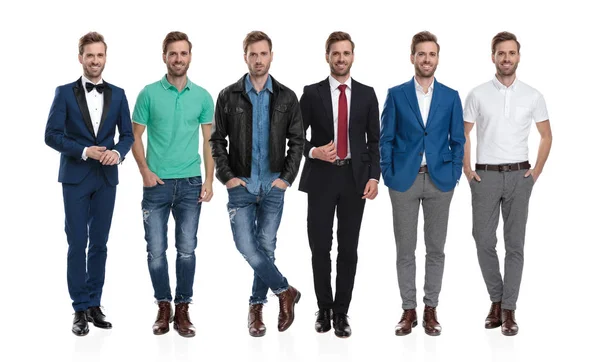 Collage van dezelfde jonge positieve man poseren in verschillende outfits — Stockfoto