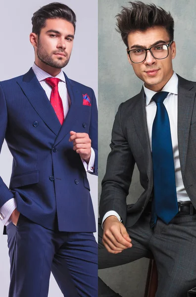 Collage image de deux jeunes hommes décontractés posant en costume — Photo