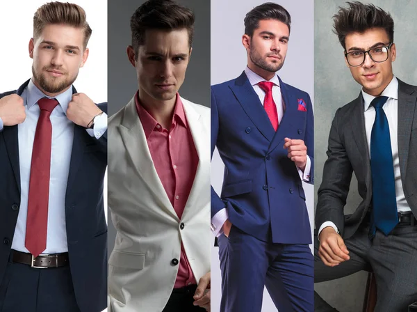 Foto montage av fyra stiliga unga män wearin kostymer — Stockfoto
