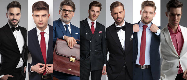 Collage image of seven elegant men wearing suits