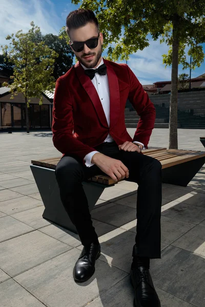 Confident elegant man sitting on wooden bench outside — Stock Photo, Image