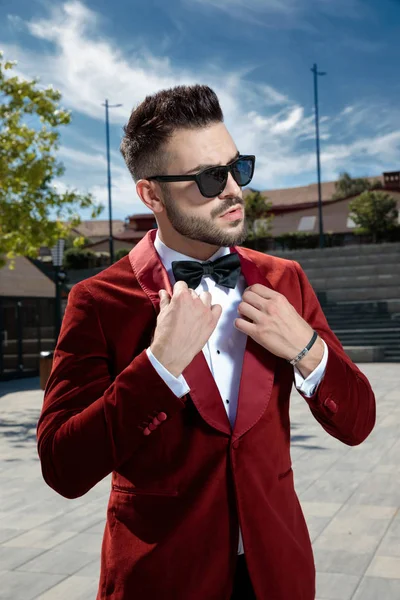 Arrogante jonge elegante man Holding rode fluwelen kraag — Stockfoto