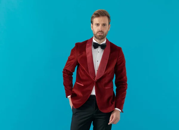 Elegante uomo di moda che indossa smoking di velluto rosso — Foto Stock