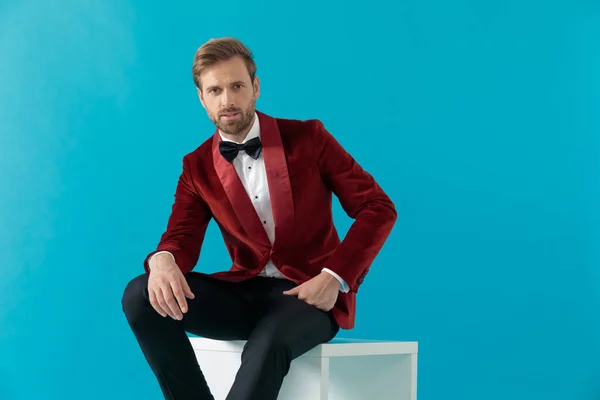 Confiante homem elegante sentado e vestindo smoking de veludo vermelho — Fotografia de Stock