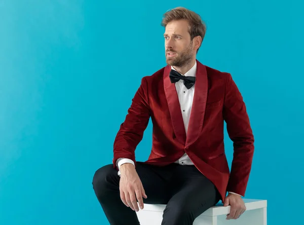 Atrakcyjny mężczyzna moda siedzi i nosi czerwony aksamit smokingu — Zdjęcie stockowe
