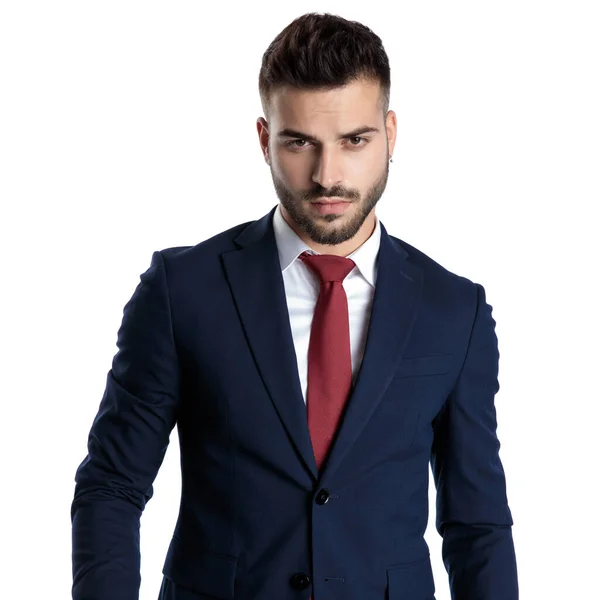 Tough young businessman wearing a blue navy suit — Stock Photo, Image