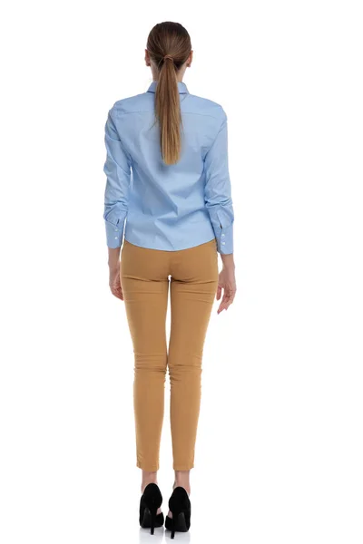 Mavi gömlek giyen genç iş kadınının arka plan görüntüsü — Stok fotoğraf